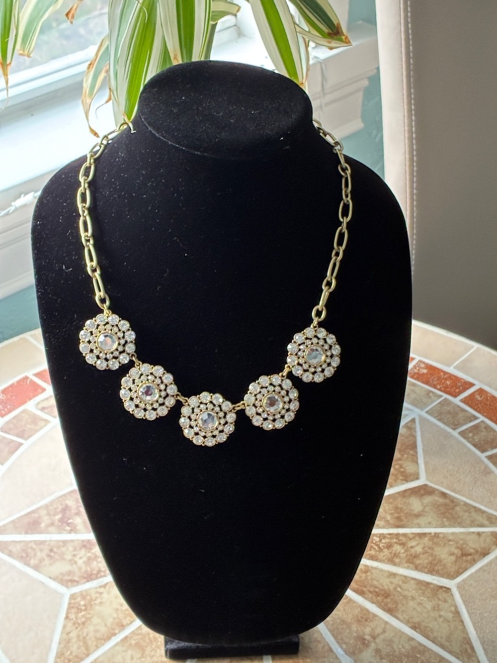 J CREW Gold Floral Crystal Cluster Necklace